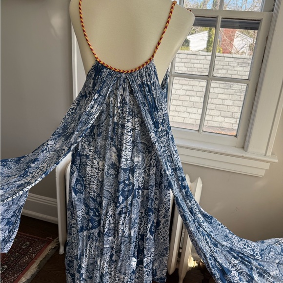 Free People Bohemian Blue Block Print Floral Tie-Shoulder Maxi Sun Dress S - Picture 5 of 12